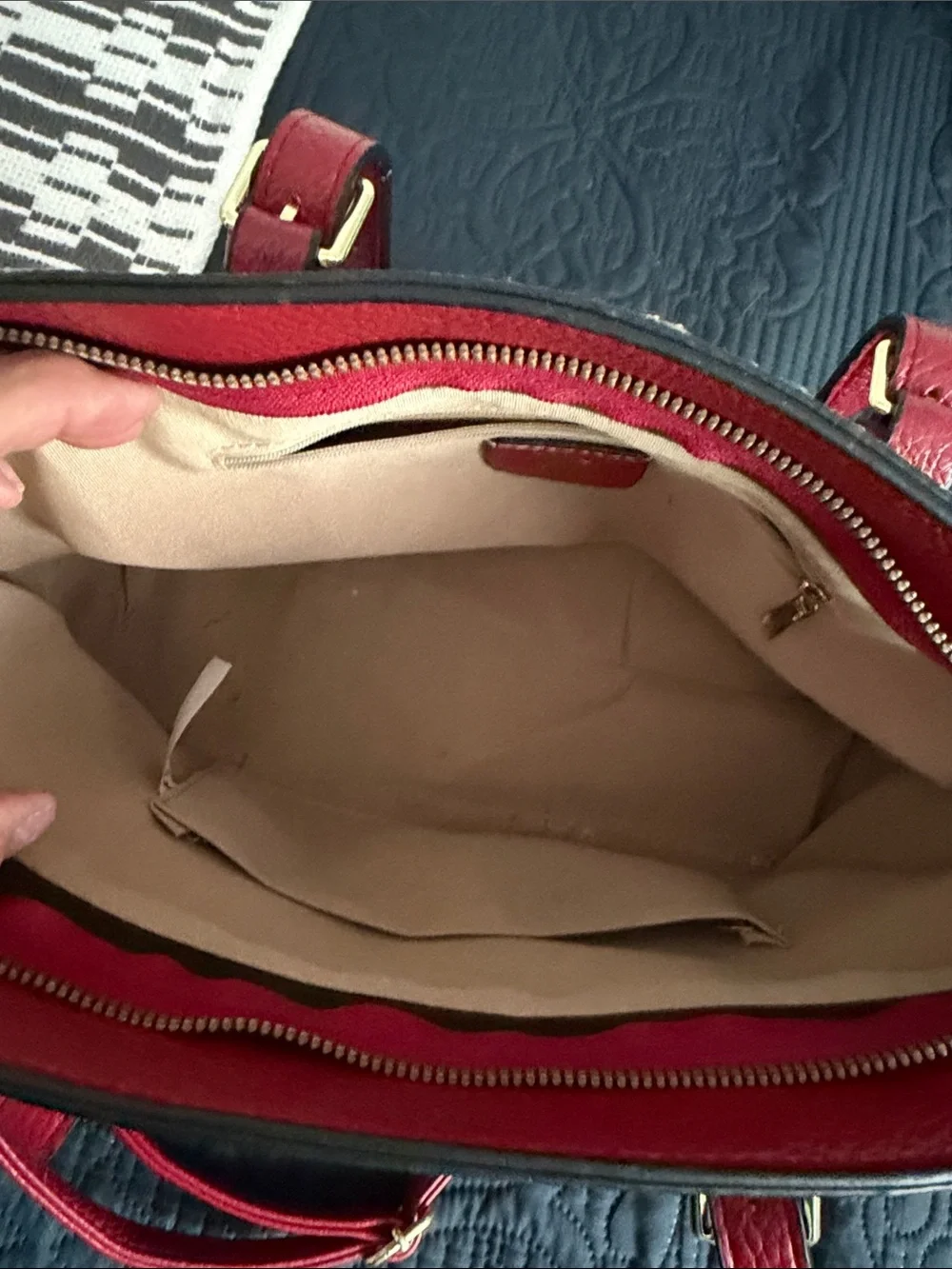 Beige Check Canvas Shoulder Bag with Red Leather Trim